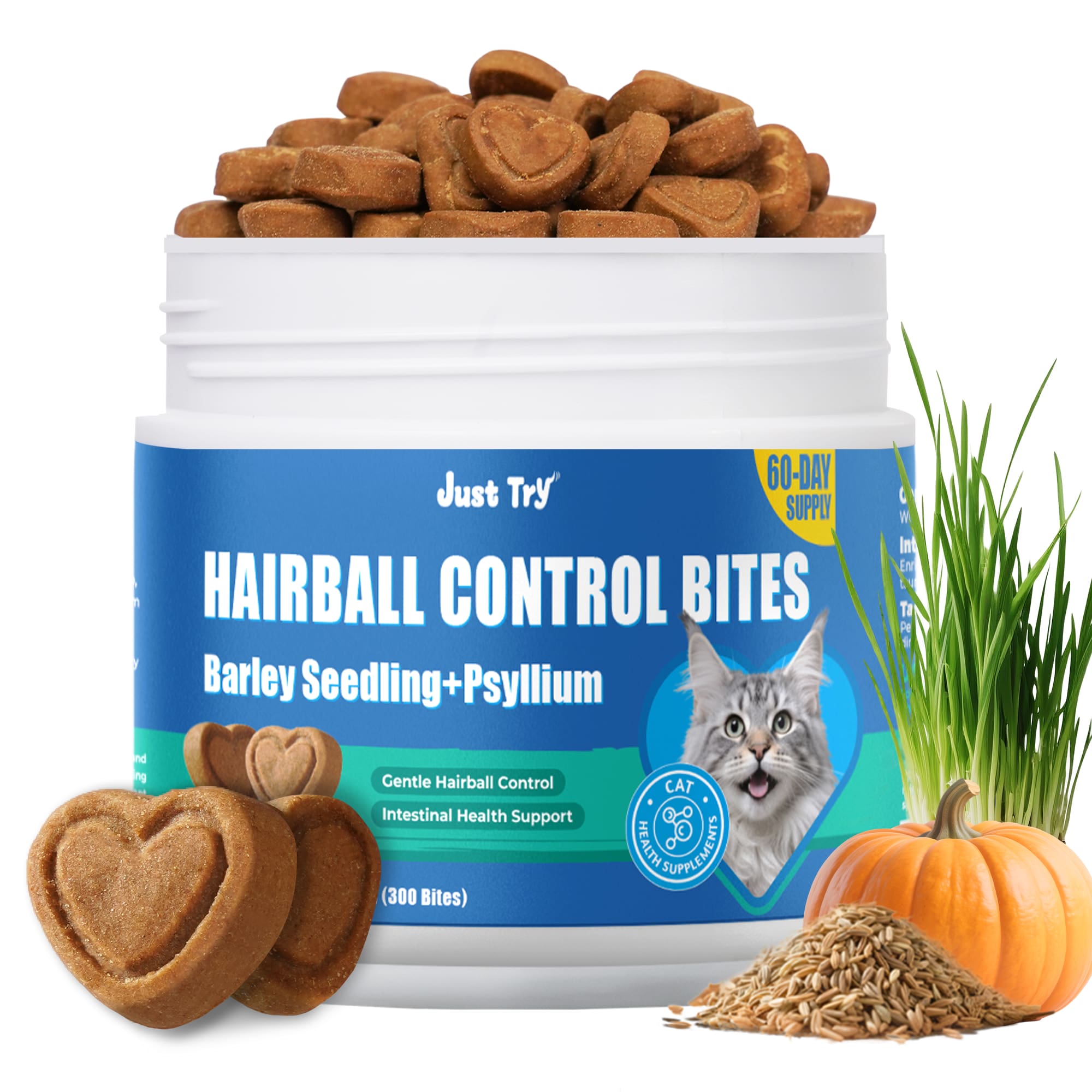 JUSTTRY Hairballs Control Bites – Cat Grass & Chicken & Pumpkin Flavor with Omega-3 for Hairball Relief & Digestion, 300 Bites